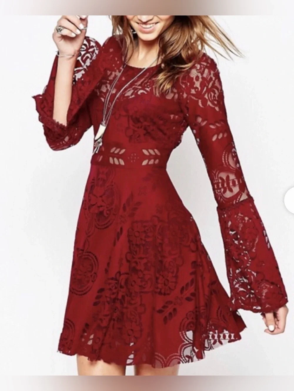 Free People Lace Lovers‎ Folk Song Bell Sleeve Boho Dress - Size 2